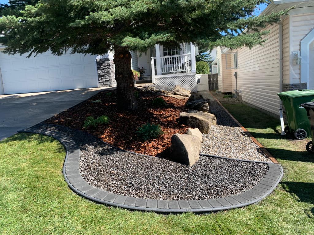 front yard mulch gravel, edging, drainage and retaining wall